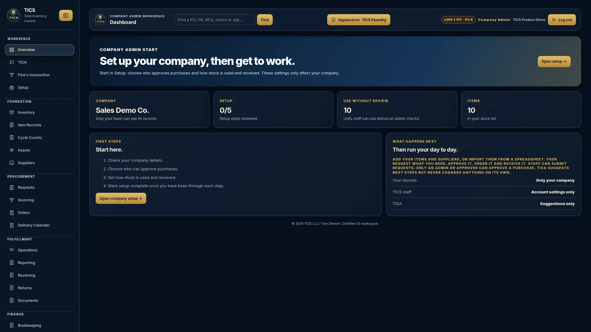TICS company admin dashboard, current product